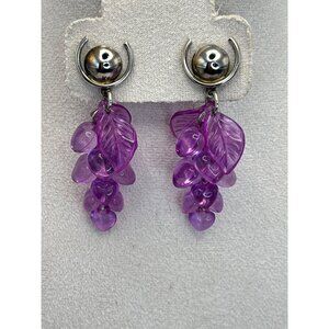 Vintage Grape Heart Cluster Dangle Purple Acrylic Pierced Post Earrings
